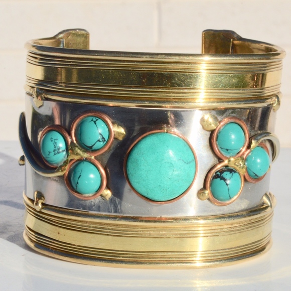 Turquoise Copper Brass Wide Cuff Bracelet Silver - Picture 2 of 8